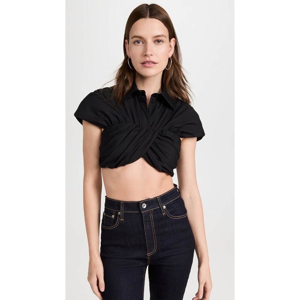 NEW Brandon Maxwell Black Cropped Top with Pleated Yoke Size 8 Retail $1395